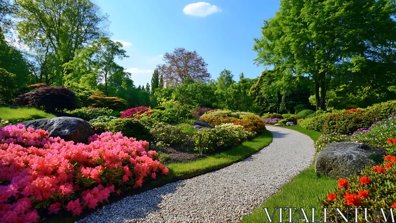 Gravel garden path curving through lush spring flower borders.