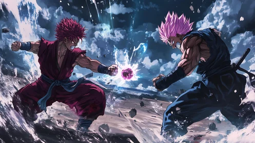 Storm-torn warriors hurl clashing energy across shattered ground