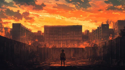 Lone figure confronts ruined city beneath burning sunset sky