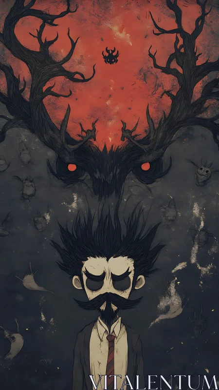 Moody mustached dreamer beneath a looming antlered shadow.