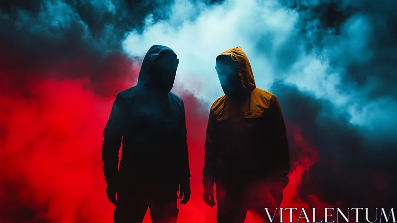 Backlit hooded silhouettes intersect dense bicolor atmospheric smoke