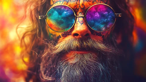 Tattooed bearded man in vivid psychedelic sunglasses portrait.