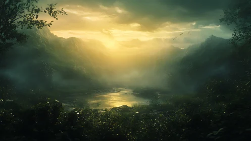 Golden mist rises over a serene forest river at dawn