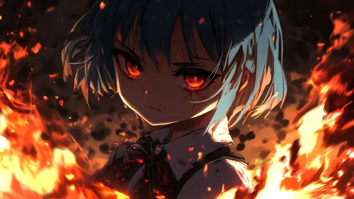 Blue-haired anime girl stands amid blazing flames defiantly.