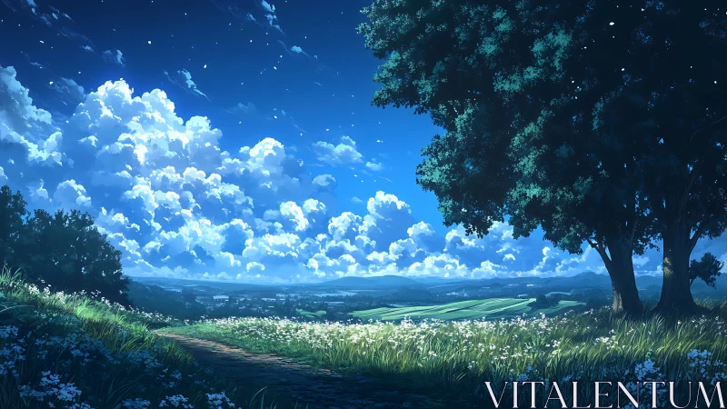 Moonlit meadow path beneath luminous drifting clouds.