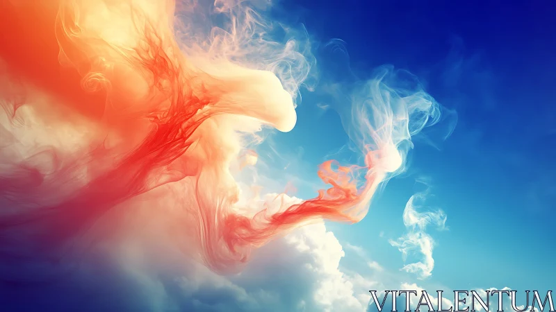 Colorful smoke plumes twist dynamically above bright clouds