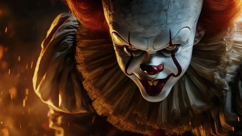Sinister horror clown close-up with intense fiery lighting.