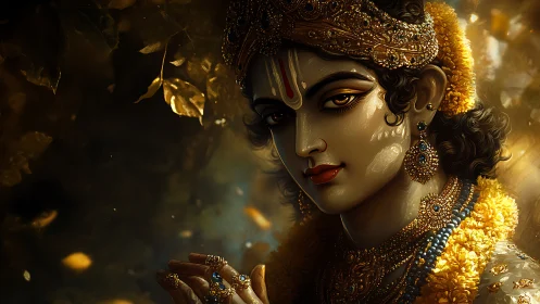 Ornate divine portrait with luminous garlands and jeweled diadem.