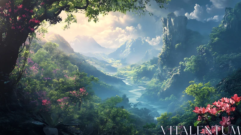 Lush river valley with misty cliffs and distant mountain peaks