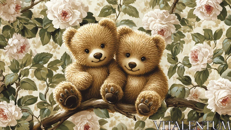 Digital painting of twin teddy bears amid vintage roses.