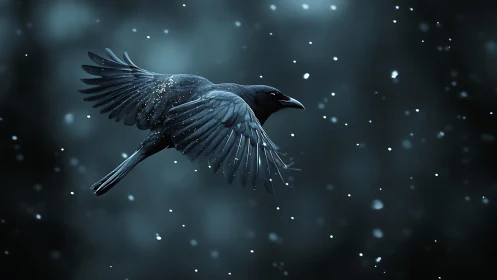 Elegant Raven Soaring Through Icy Winter Sparkles and Snow