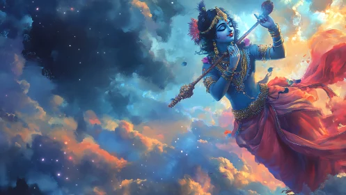 Digital painting of celestial flute player in luminous nebulae.