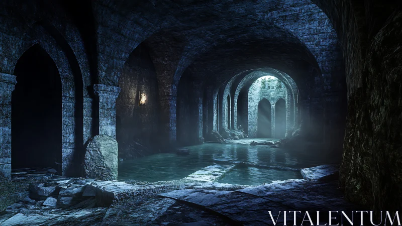 Gothic stone aqueduct corridor in moody cinematic lighting.