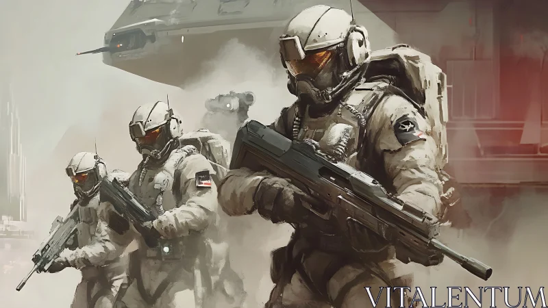 Heavily armed sci‑fi infantry advance through dense urban fog