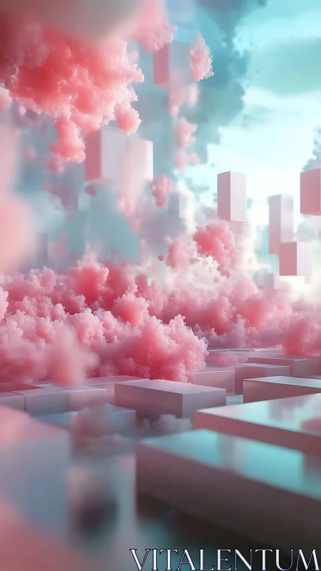 Volumetric pink clouds intersect glossy rectilinear platforms in depth