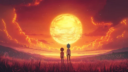 Two stylized figures stand facing oversized glowing sunset