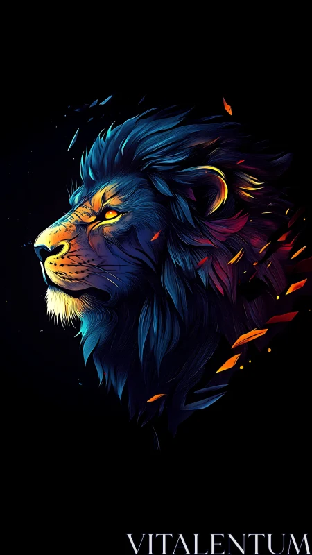 Vibrant neon lion profile against deep black background.