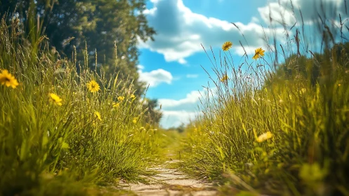 Sunny wildflower path invites a slow and peaceful wander