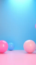 Pastel glossy spheres rest on minimalist pink blue plane