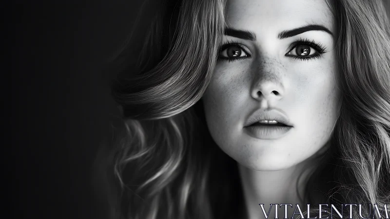 Striking Black and White Portrait of a Woman with Soft Waves.