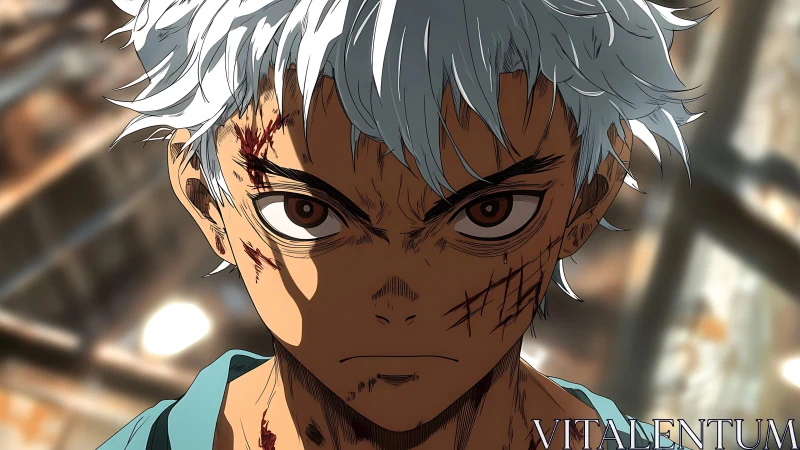 Battle-scarred anime warrior holds unyielding gaze under fire.