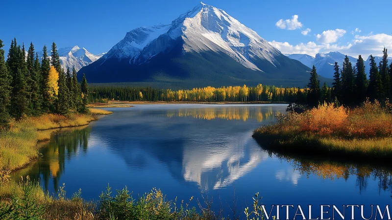Sunlit mountain lake cradled by autumn forests and sky.