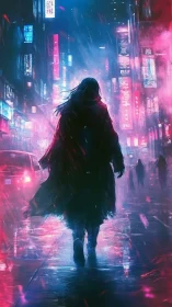 Silhouetted figure walks through neon rain in cyberpunk alleyway