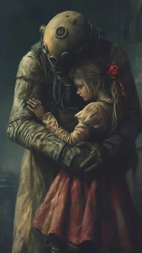 Diver suit figure and young girl in close frontal embrace.