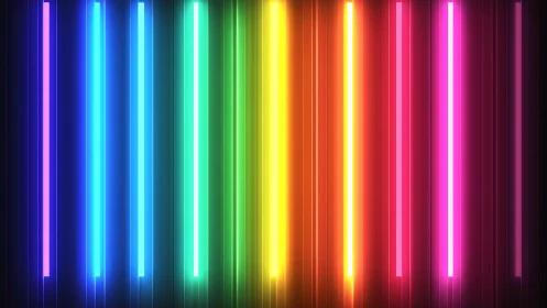 Neon spectrum bars forming vertical rainbow light wall.