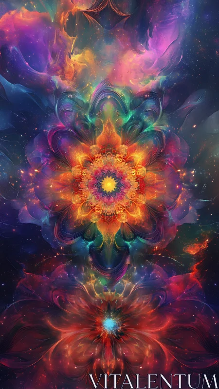 Celestial mandala blooms in cascading cosmic firelight.
