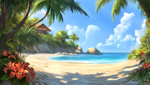 Tropical Coastal Scene with Palm Trees and Sandy Beach