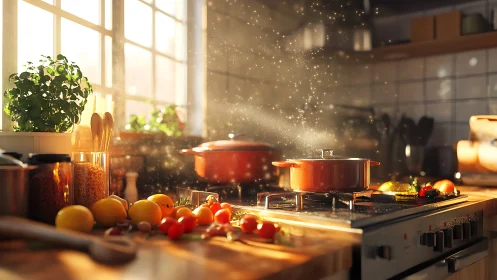 Golden Sunlit Kitchen with Cooking Scene and Fresh Ingredients.