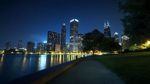 City waterfront skyline glows under deep blue night sky.