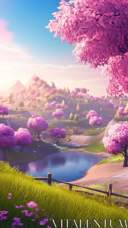 Blossom-drenched valley lagoon under a dreamy pastel sunrise.