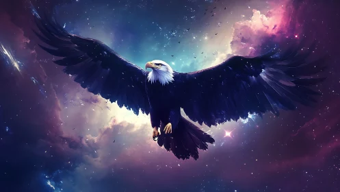 Majestic Bald Eagle Soaring Through Vibrant Cosmic Sky Artwork.