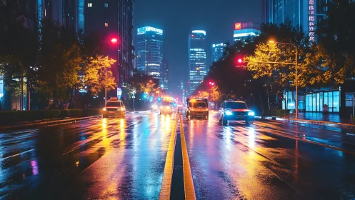 Neon city avenue reflects wet night traffic and tower lights