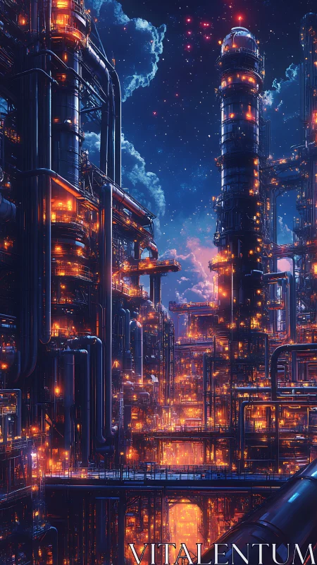 Starlit cyberpunk city of glowing towers and tangled lights.