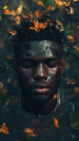 Submerged portrait with autumnal foliage and aqueous specularity.