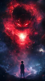 Child silhouette confronts fiery red cosmic entity in space