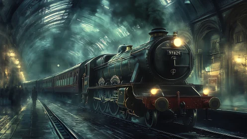 Steam locomotive in cinematic fog-filled Victorian terminal.