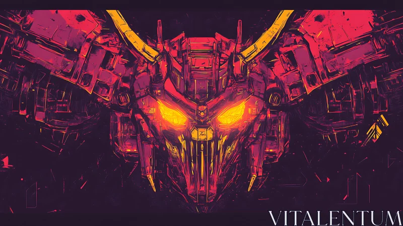 Demonic mech skull radiates neon fury in deep space.