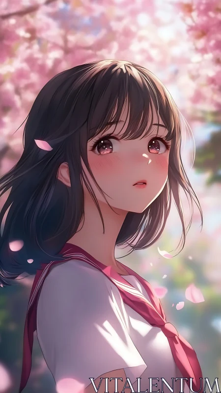Anime schoolgirl under pink cherry blossoms in spring.