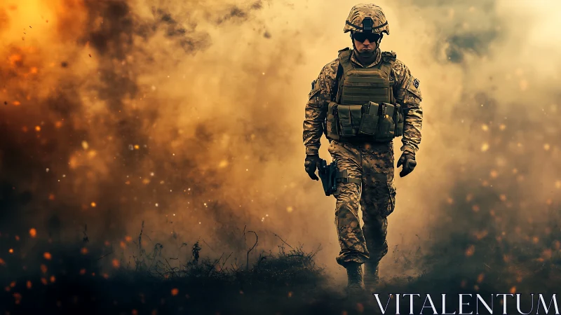 Soldier in modern combat gear walking through smoke field.