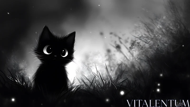 Black Cat in Moonlit Field with Glowing Eyes.