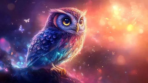 Vibrant fantasy owl illustration with glowing colors and dreamy light.