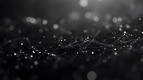 Abstract network of glowing dots and lines in monochrome digital style.