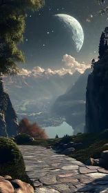 Starlit mountain path welcomes wanderers beneath a grand moon