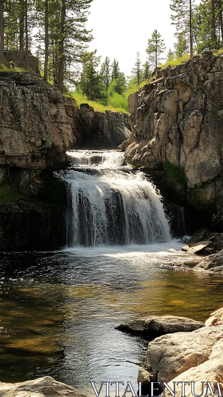 Water flows over stepped rock ledges between vertical cliffs
