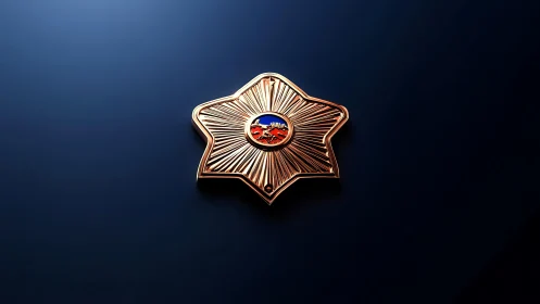 Gold star-shaped metallic badge lies on dark blue surface