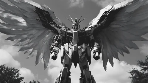 Monochrome winged mecha statue dominates low-angle sky view